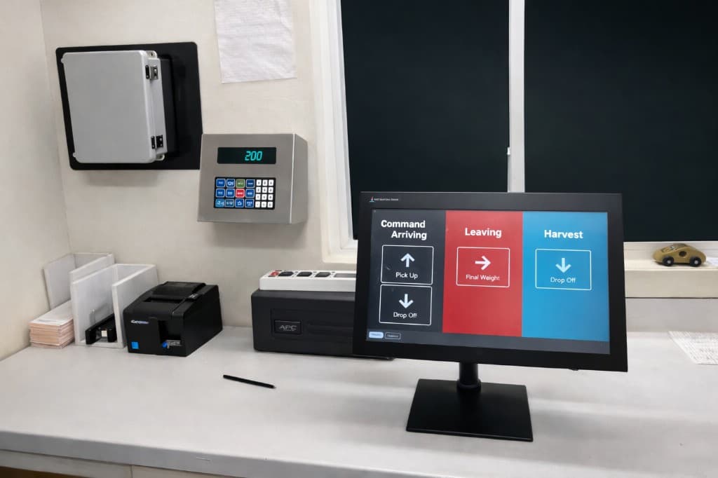 Command kiosk terminal with pickup, final weight, harvest, and drop-off controls beside local control hardware.