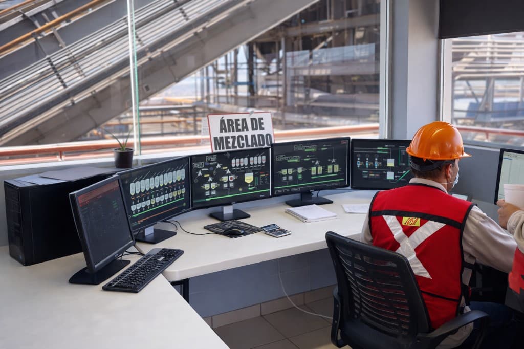 Operator monitoring multiple SCADA process screens at an industrial control desk.