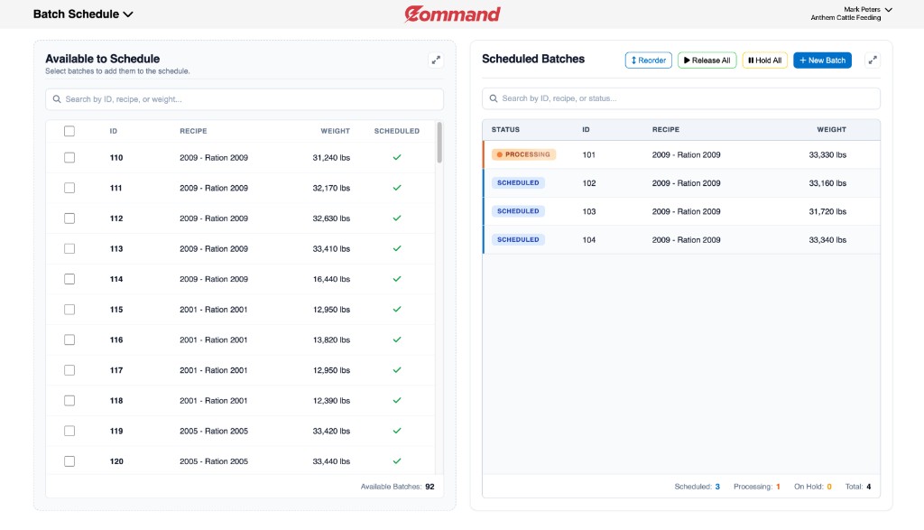 Command batch schedule view with available and scheduled production batches.